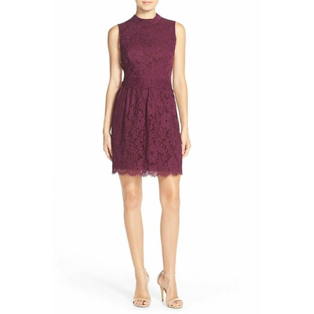 Charles Henry Burgundy Mock Neck Lace Dress XS Sleeveless Lined - Picture 7 of 11